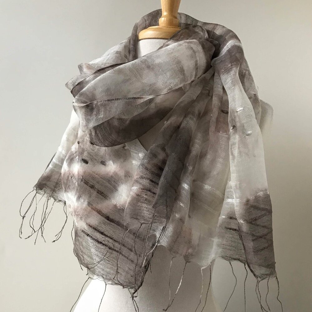 Handmade Shibori Silk Cotton Scarf: Naturally Dyed Lightweight Fringe Scarf